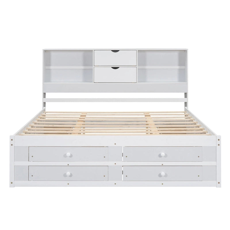 Lit plateforme moderne blanc King avec tête de lit de rangement et 8 tiroirs – 1 place