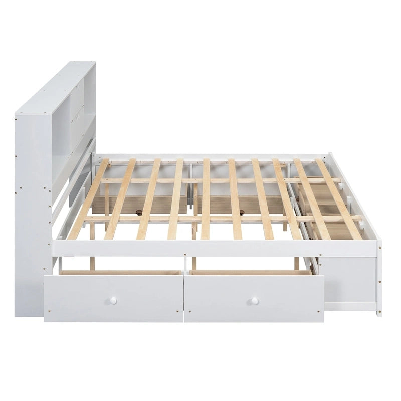 Lit plateforme moderne blanc King avec tête de lit de rangement et 8 tiroirs – 1 place