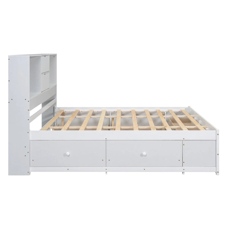 Lit plateforme moderne blanc King avec tête de lit de rangement et 8 tiroirs – 1 place
