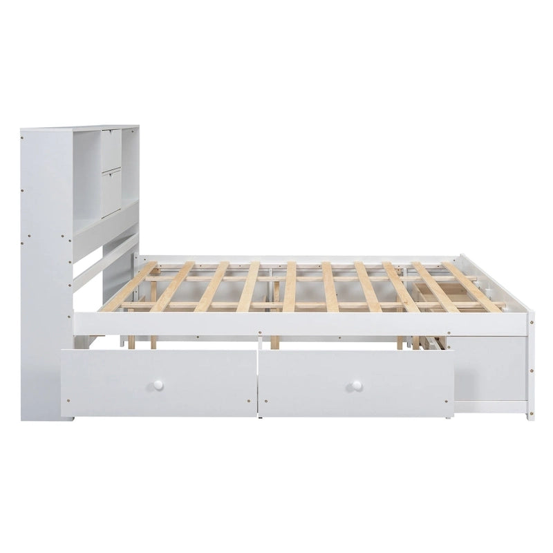 Lit plateforme moderne blanc King avec tête de lit de rangement et 8 tiroirs – 1 place