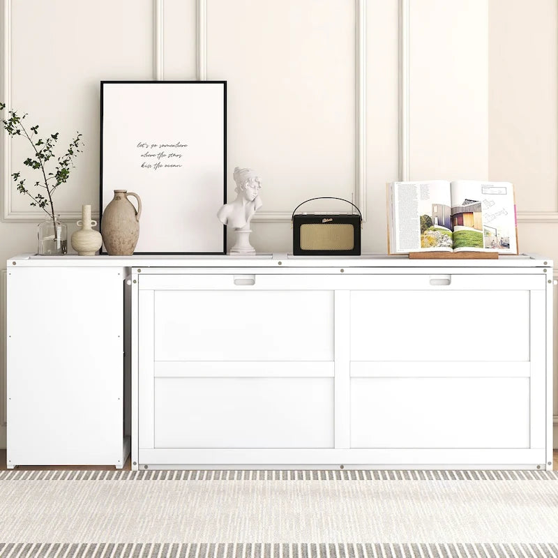Lit escamotable Queen blanc/gris avec bureau rotatif et 2 étagères de rangement