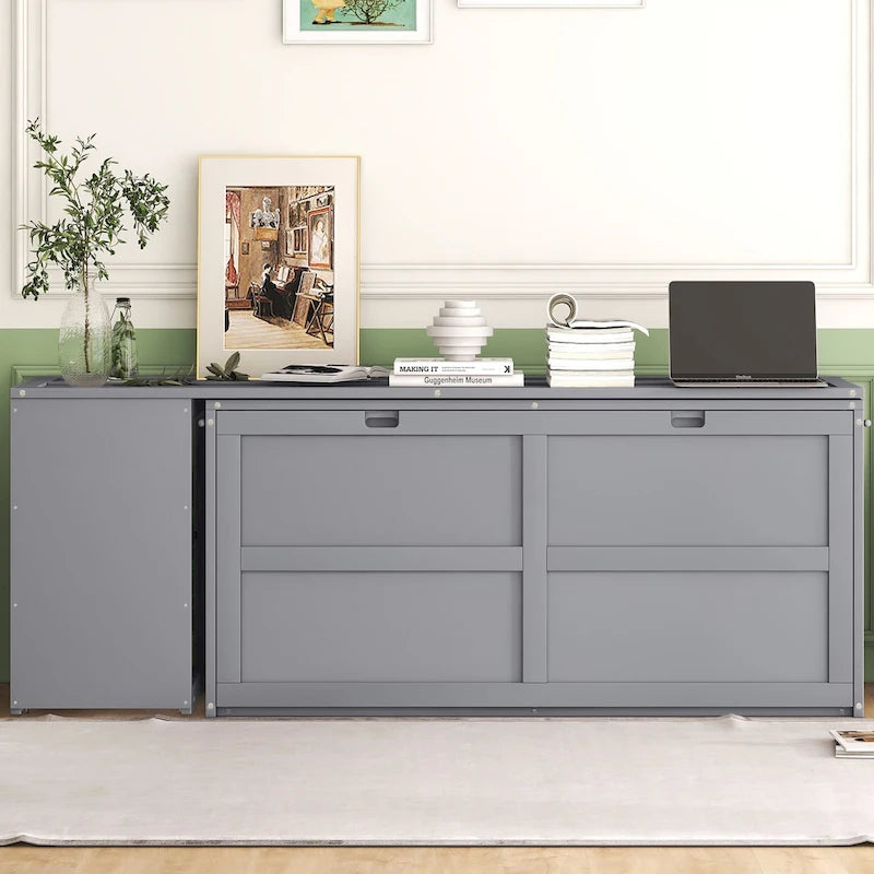 Lit escamotable Queen blanc/gris avec bureau rotatif et 2 étagères de rangement