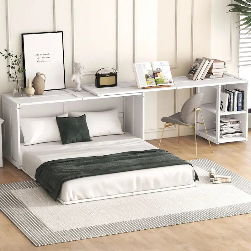 Lit escamotable Queen blanc/gris avec bureau rotatif et 2 étagères de rangement