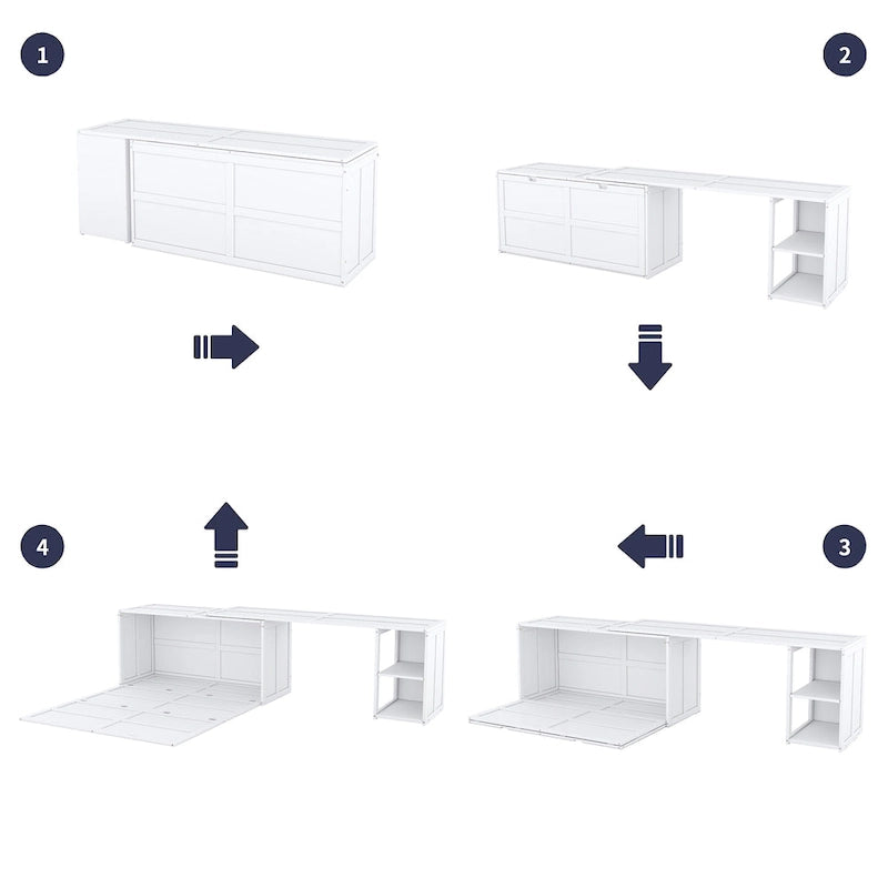 Lit escamotable Queen blanc/gris avec bureau rotatif et 2 étagères de rangement