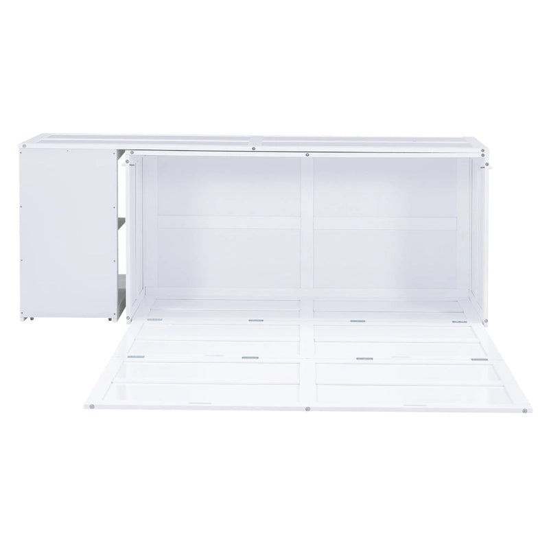 Lit escamotable Queen blanc/gris avec bureau rotatif et 2 étagères de rangement
