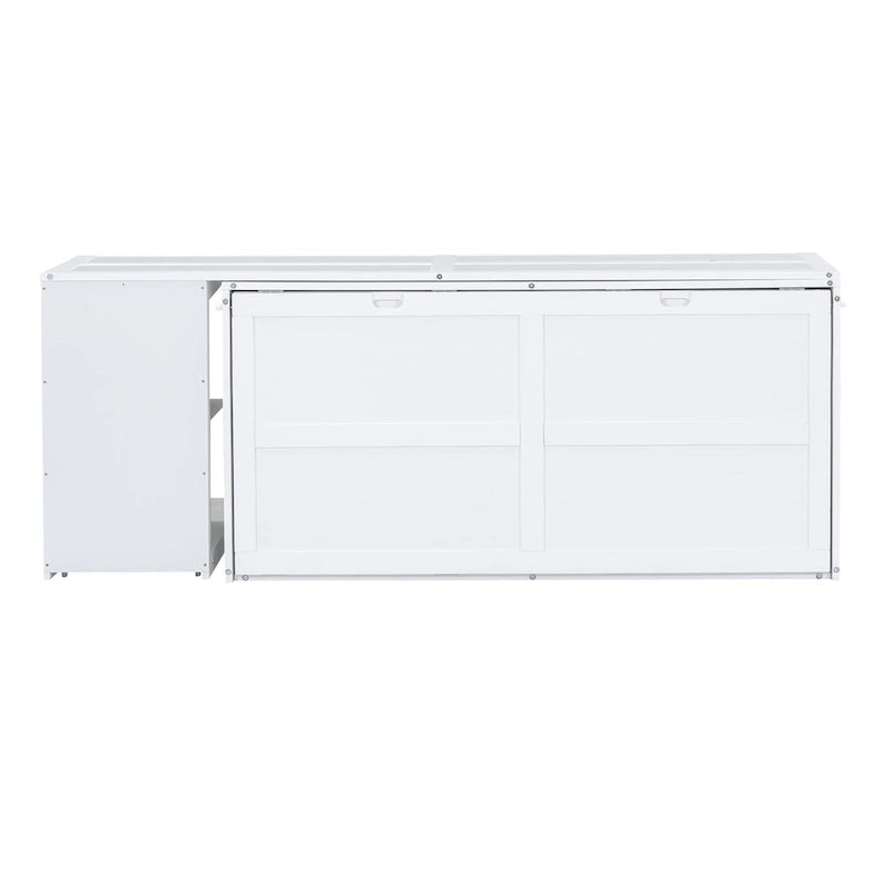 Lit escamotable Queen blanc/gris avec bureau rotatif et 2 étagères de rangement