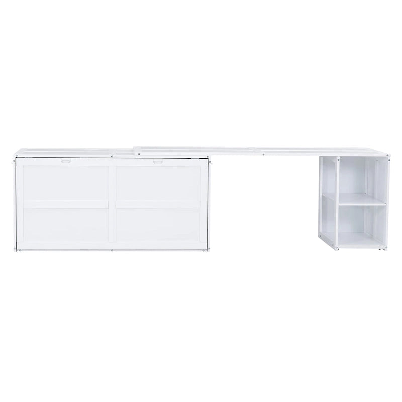 Lit escamotable Queen blanc/gris avec bureau rotatif et 2 étagères de rangement