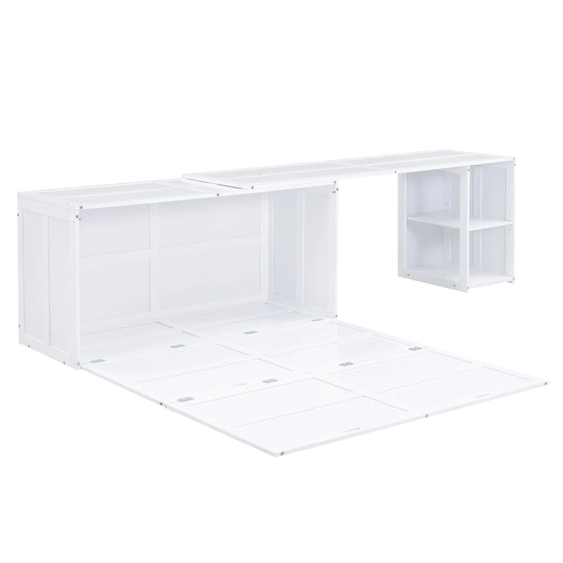 Lit escamotable Queen blanc/gris avec bureau rotatif et 2 étagères de rangement