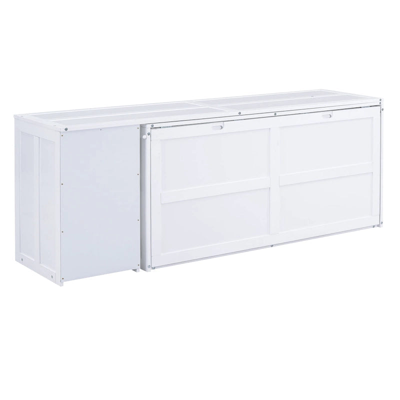 Lit escamotable Queen blanc/gris avec bureau rotatif et 2 étagères de rangement
