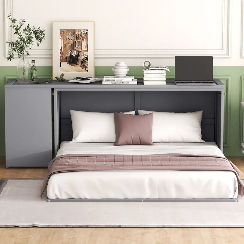 Lit escamotable Queen blanc/gris avec bureau rotatif et 2 étagères de rangement