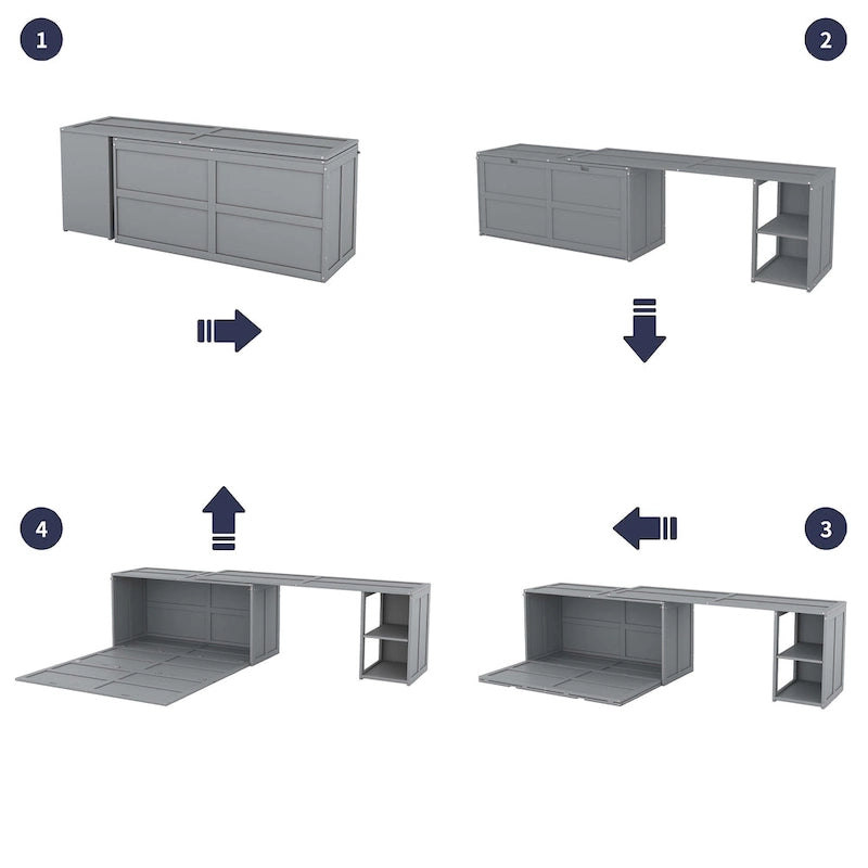 Lit escamotable Queen blanc/gris avec bureau rotatif et 2 étagères de rangement