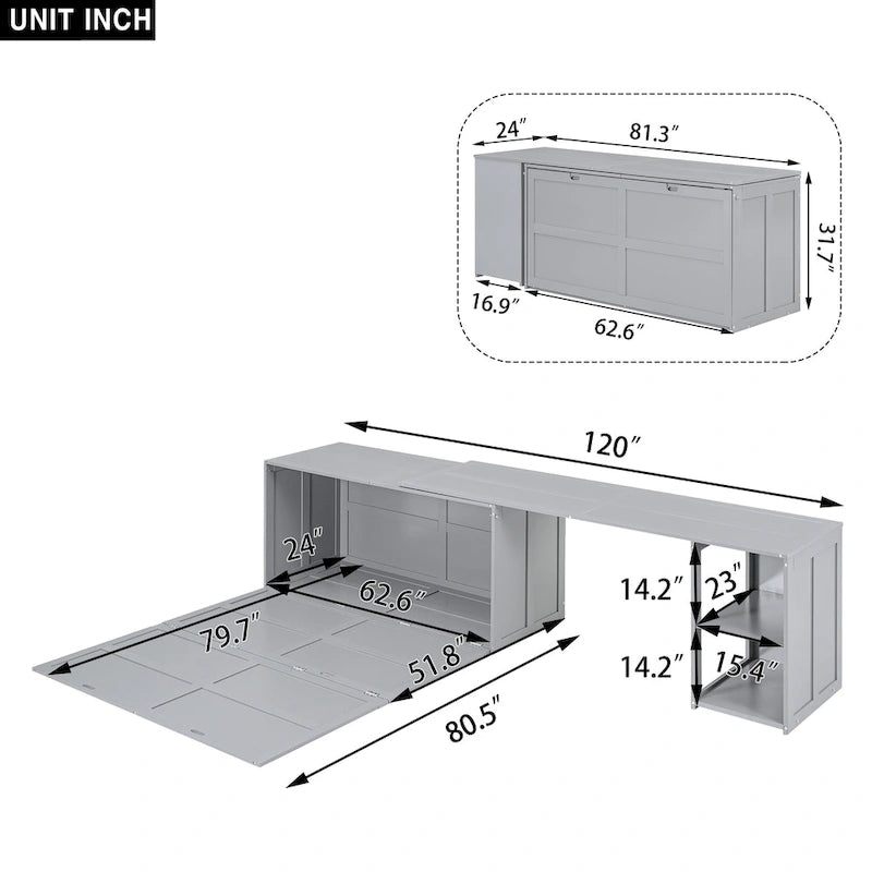 Lit escamotable Queen blanc/gris avec bureau rotatif et 2 étagères de rangement