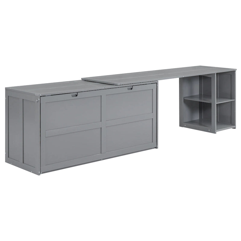 Lit escamotable Queen blanc/gris avec bureau rotatif et 2 étagères de rangement