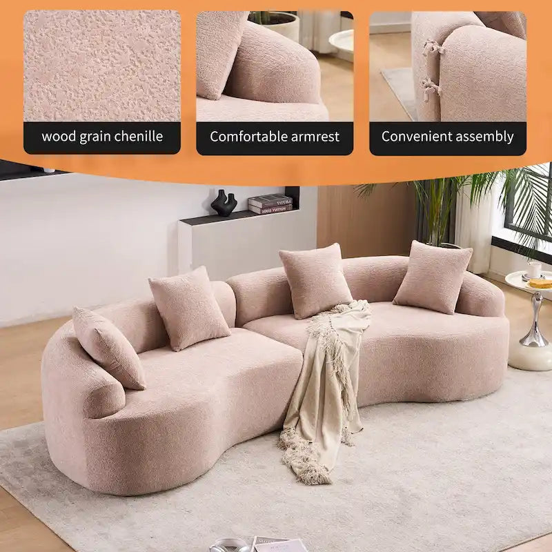 Canapé incurvé en mousse avec oreillers, gris / bleu / beige / marron / blanc / vert / orange – 4 places