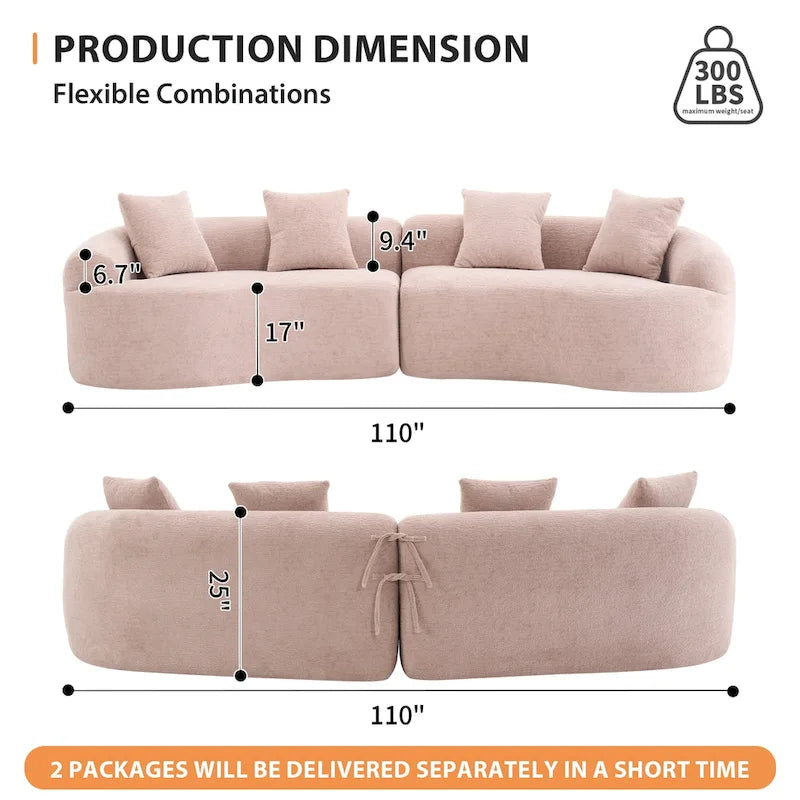 Canapé incurvé en mousse avec oreillers, gris / bleu / beige / marron / blanc / vert / orange – 4 places