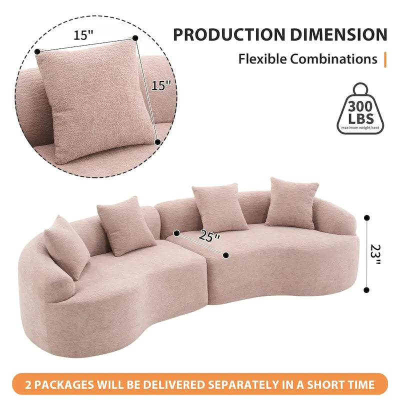 Canapé incurvé en mousse avec oreillers, gris / bleu / beige / marron / blanc / vert / orange – 4 places