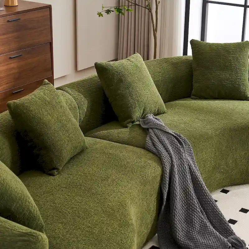 Canapé incurvé en mousse avec oreillers, gris / bleu / beige / marron / blanc / vert / orange – 4 places