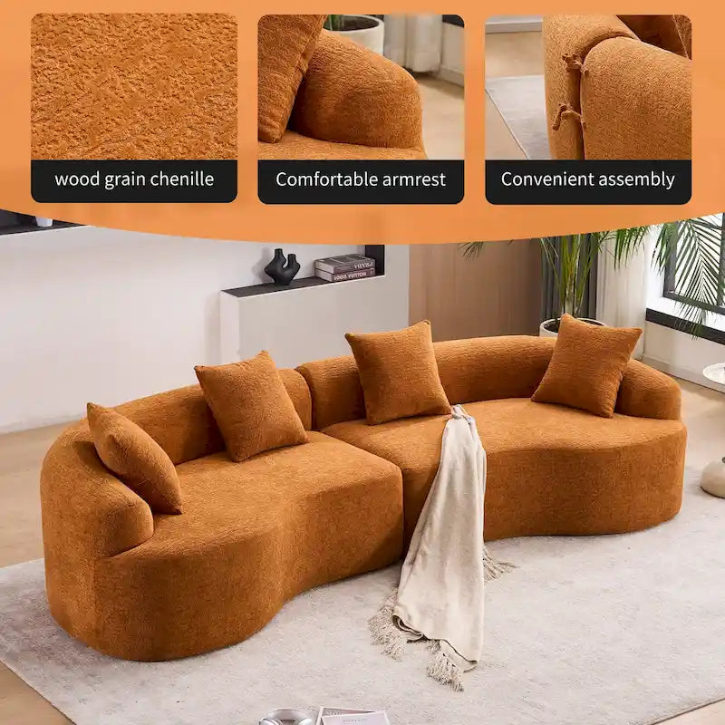 Canapé incurvé en mousse avec oreillers, gris / bleu / beige / marron / blanc / vert / orange – 4 places