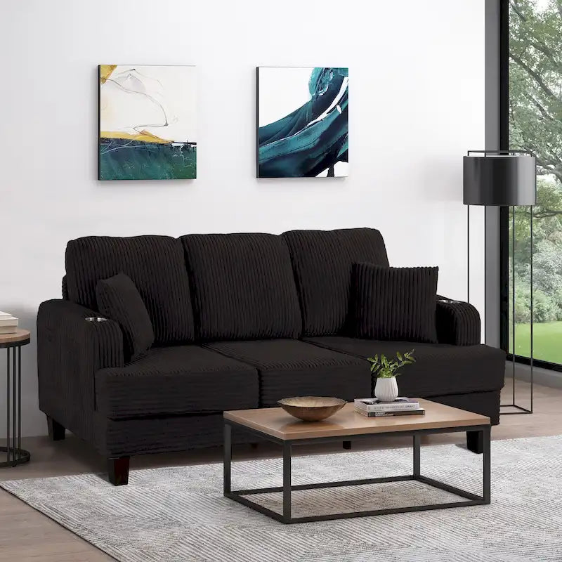 Canapé 3 places moderne en velours côtelé noir/beige/gris foncé avec ports USB, porte-gobelets et 2 oreillers