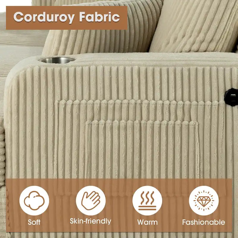 Canapé 3 places moderne en velours côtelé noir/beige/gris foncé avec ports USB, porte-gobelets et 2 oreillers
