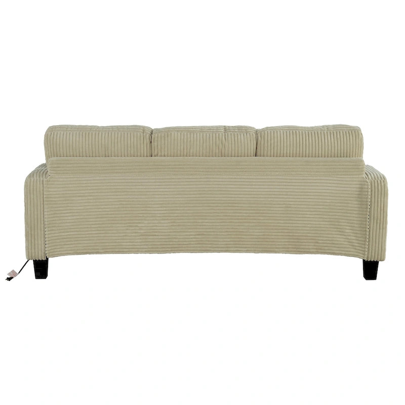 Canapé 3 places moderne en velours côtelé noir/beige/gris foncé avec ports USB, porte-gobelets et 2 oreillers