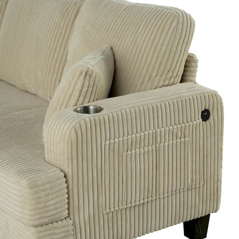 Canapé 3 places moderne en velours côtelé noir/beige/gris foncé avec ports USB, porte-gobelets et 2 oreillers