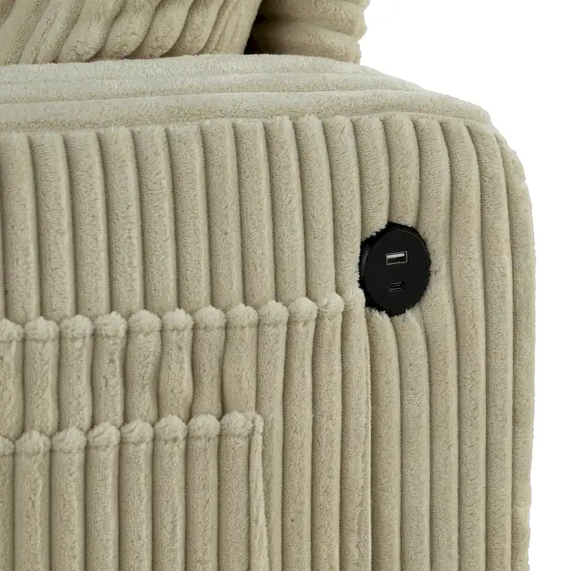 Canapé 3 places moderne en velours côtelé noir/beige/gris foncé avec ports USB, porte-gobelets et 2 oreillers