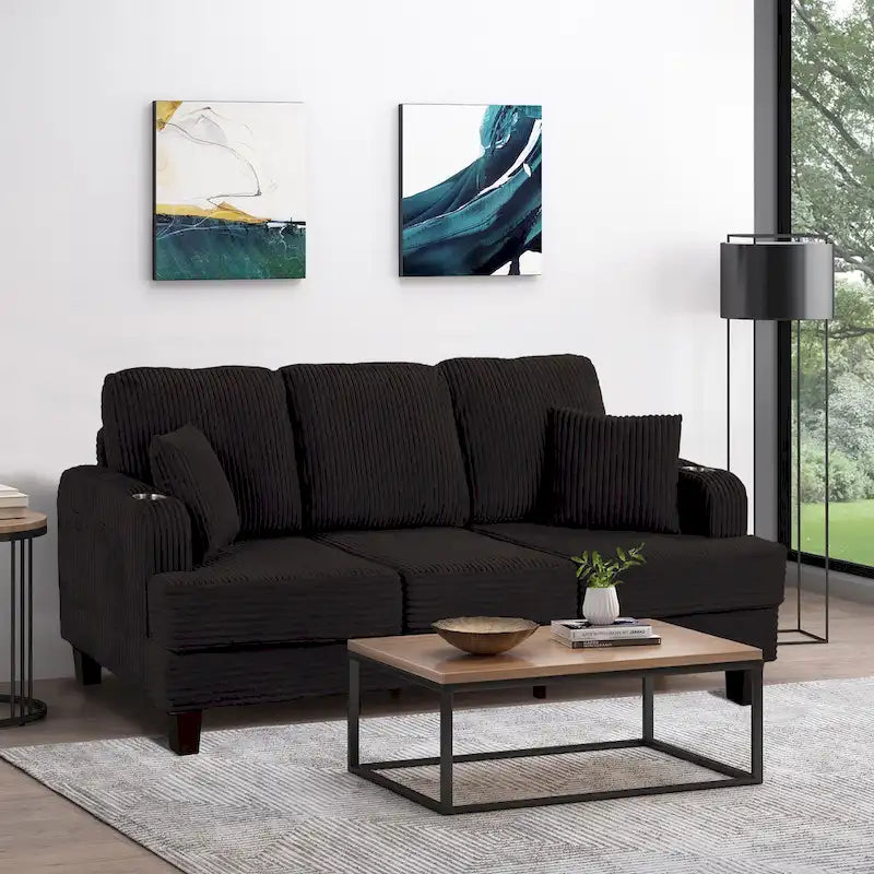 Canapé 3 places moderne en velours côtelé noir/beige/gris foncé avec ports USB, porte-gobelets et 2 oreillers