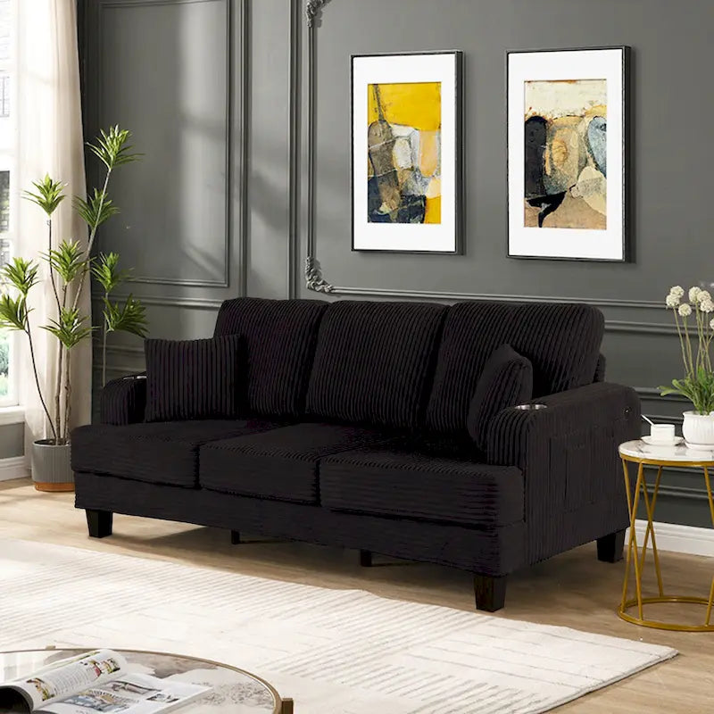 Canapé 3 places moderne en velours côtelé noir/beige/gris foncé avec ports USB, porte-gobelets et 2 oreillers