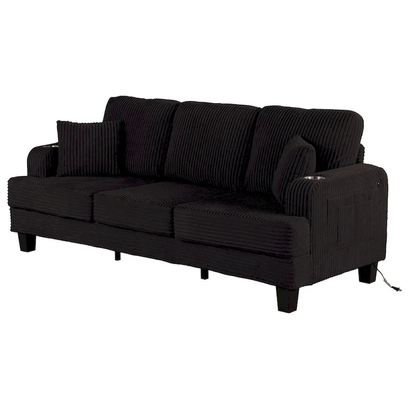 Canapé 3 places moderne en velours côtelé noir/beige/gris foncé avec ports USB, porte-gobelets et 2 oreillers