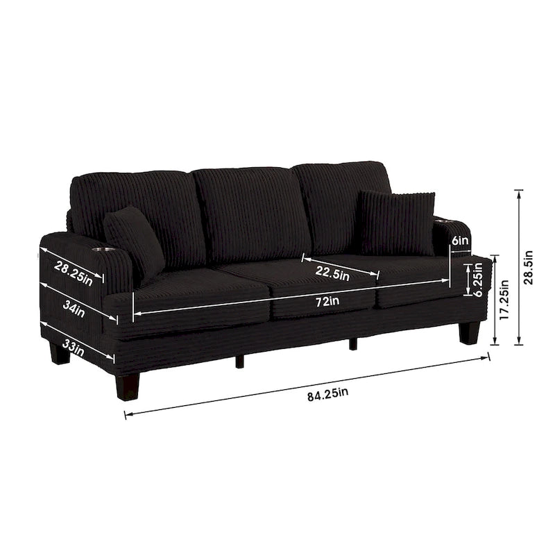 Canapé 3 places moderne en velours côtelé noir/beige/gris foncé avec ports USB, porte-gobelets et 2 oreillers