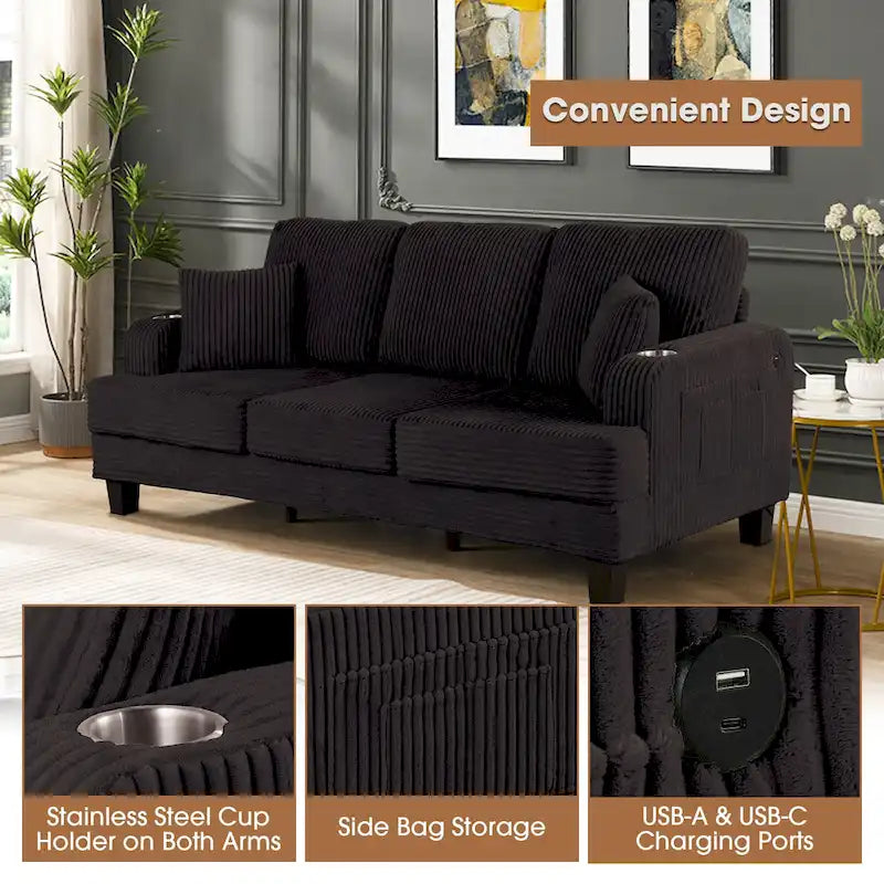 Canapé 3 places moderne en velours côtelé noir/beige/gris foncé avec ports USB, porte-gobelets et 2 oreillers