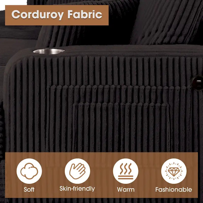 Canapé 3 places moderne en velours côtelé noir/beige/gris foncé avec ports USB, porte-gobelets et 2 oreillers