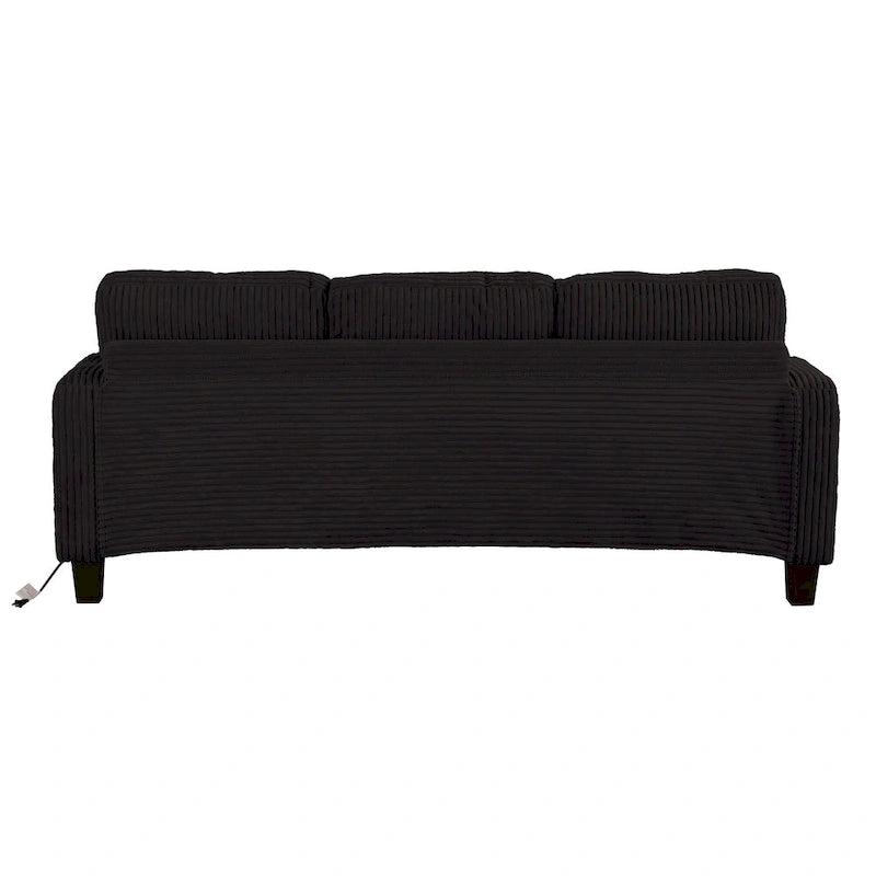 Canapé 3 places moderne en velours côtelé noir/beige/gris foncé avec ports USB, porte-gobelets et 2 oreillers