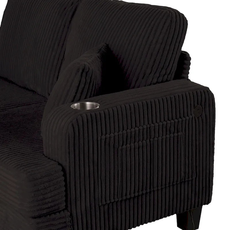 Canapé 3 places moderne en velours côtelé noir/beige/gris foncé avec ports USB, porte-gobelets et 2 oreillers