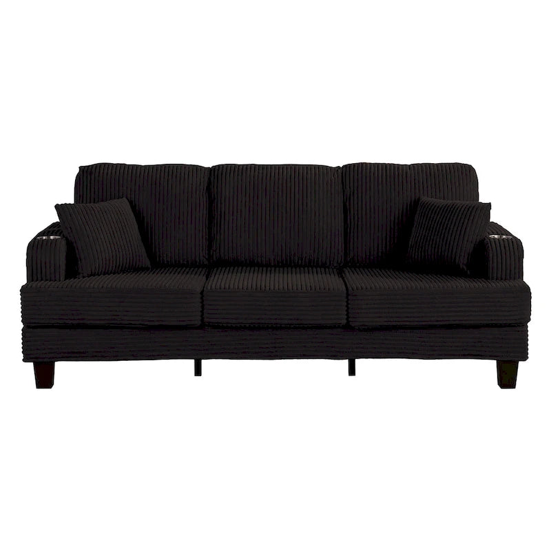 Canapé 3 places moderne en velours côtelé noir/beige/gris foncé avec ports USB, porte-gobelets et 2 oreillers