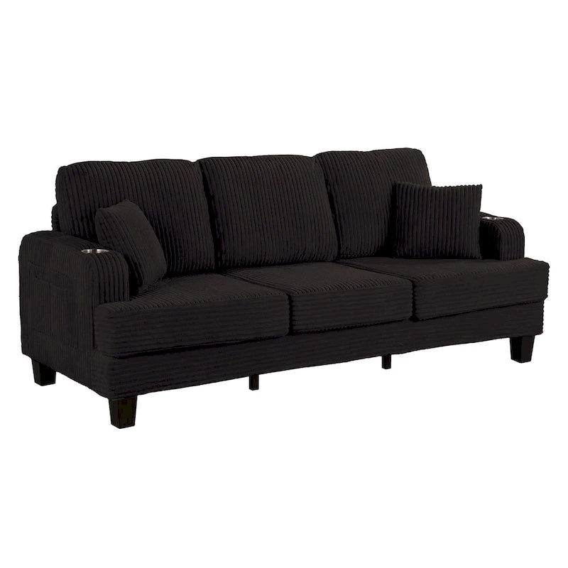 Canapé 3 places moderne en velours côtelé noir/beige/gris foncé avec ports USB, porte-gobelets et 2 oreillers