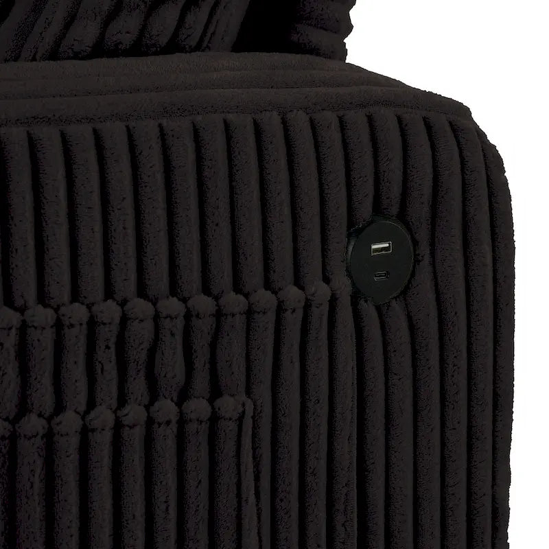 Canapé 3 places moderne en velours côtelé noir/beige/gris foncé avec ports USB, porte-gobelets et 2 oreillers