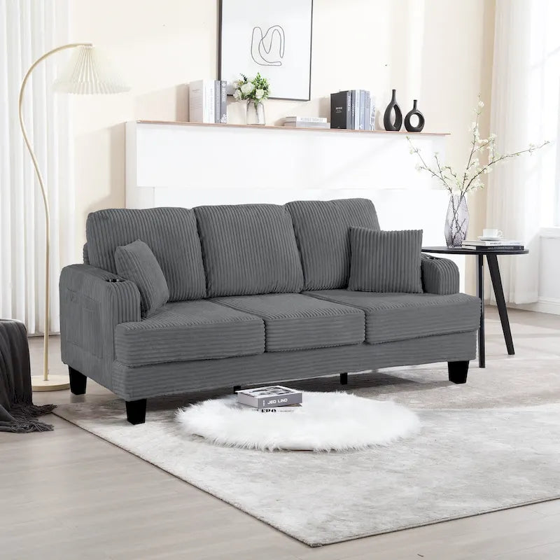 Canapé 3 places moderne en velours côtelé noir/beige/gris foncé avec ports USB, porte-gobelets et 2 oreillers