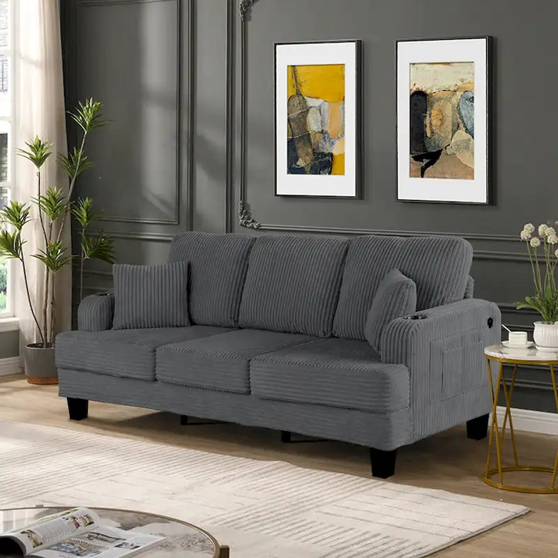 Canapé 3 places moderne en velours côtelé noir/beige/gris foncé avec ports USB, porte-gobelets et 2 oreillers
