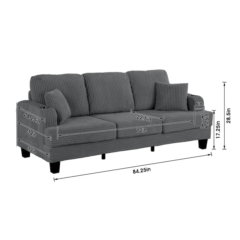 Canapé 3 places moderne en velours côtelé noir/beige/gris foncé avec ports USB, porte-gobelets et 2 oreillers