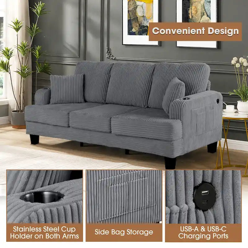 Canapé 3 places moderne en velours côtelé noir/beige/gris foncé avec ports USB, porte-gobelets et 2 oreillers