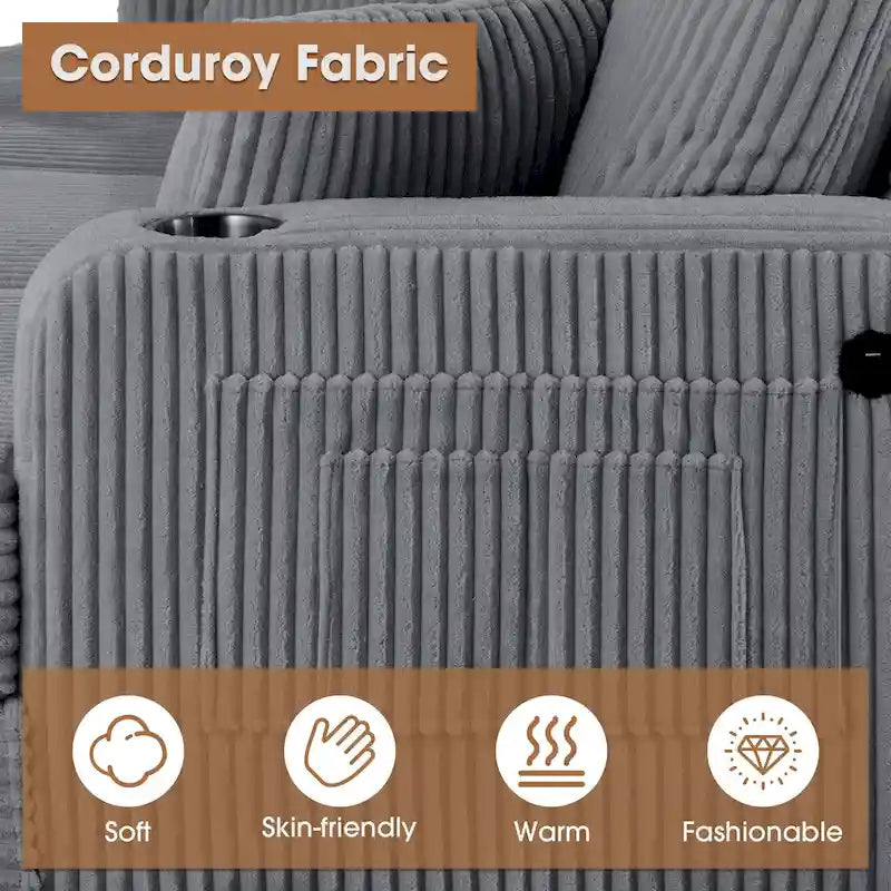 Canapé 3 places moderne en velours côtelé noir/beige/gris foncé avec ports USB, porte-gobelets et 2 oreillers