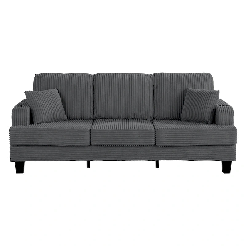Canapé 3 places moderne en velours côtelé noir/beige/gris foncé avec ports USB, porte-gobelets et 2 oreillers