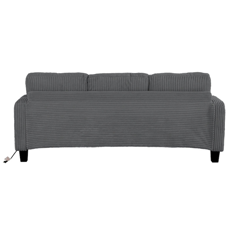 Canapé 3 places moderne en velours côtelé noir/beige/gris foncé avec ports USB, porte-gobelets et 2 oreillers