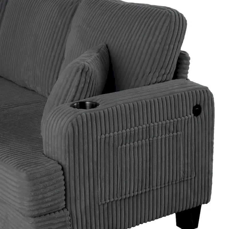 Canapé 3 places moderne en velours côtelé noir/beige/gris foncé avec ports USB, porte-gobelets et 2 oreillers
