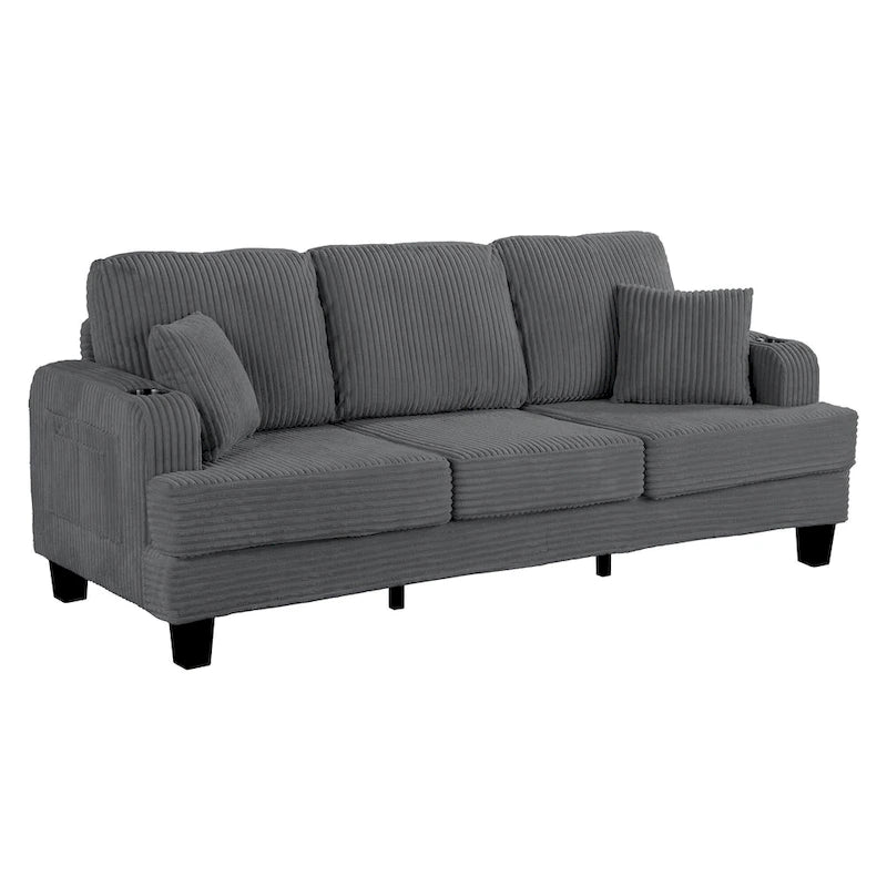Canapé 3 places moderne en velours côtelé noir/beige/gris foncé avec ports USB, porte-gobelets et 2 oreillers