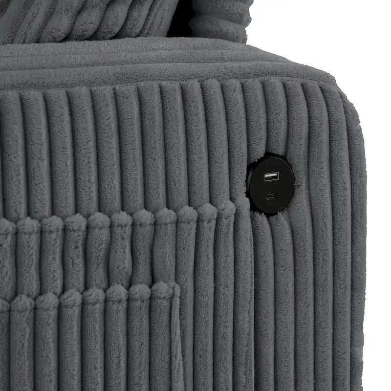 Canapé 3 places moderne en velours côtelé noir/beige/gris foncé avec ports USB, porte-gobelets et 2 oreillers