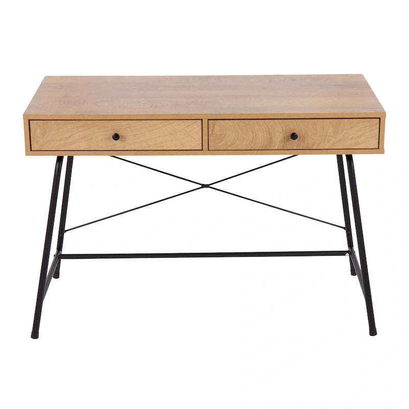 Bureau de style industriel en bois brun et métal noir avec tiroir coulissant