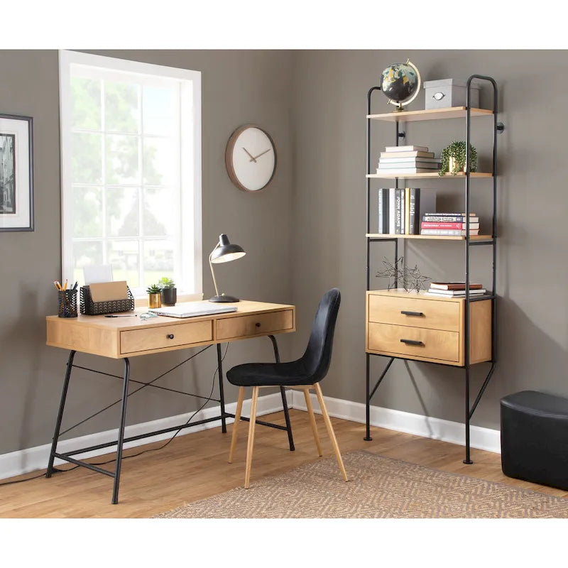Bureau de style industriel en bois brun et métal noir avec tiroir coulissant